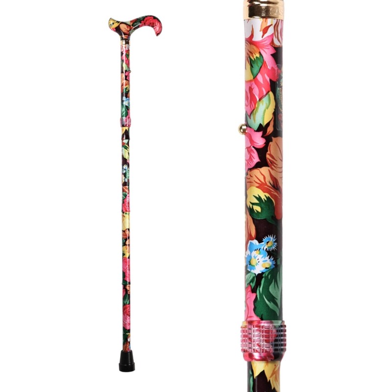 Motif floral anglais aux couleurs vives et au fini brillant sur le fût de la canne pliante.