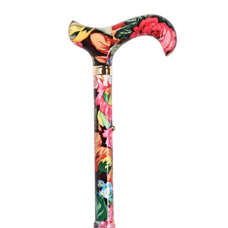 Canne de marche Roseraie pliante à fleurs multicolores avec poignée Derby assortie.