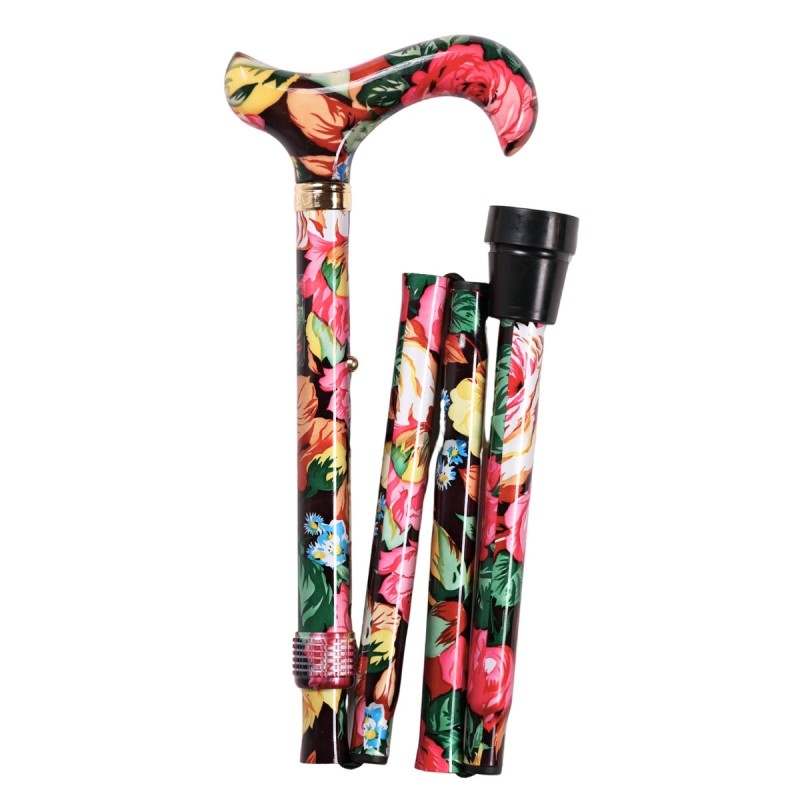 Canne de marche Roseraie pliante pour femme, fleurie et très colorée, pour celles qui aiment les couleurs vives.