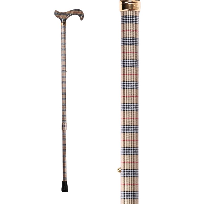 Canne de marche réglable à motif tartan beige, avec poignée Derby blanche rosée.
