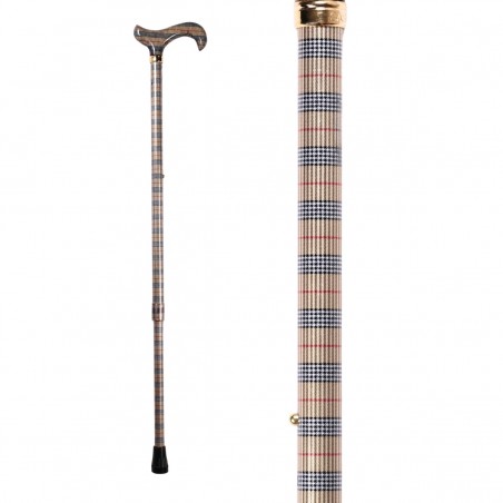 Canne de marche réglable à motif tartan beige, avec poignée Derby blanche rosée.
