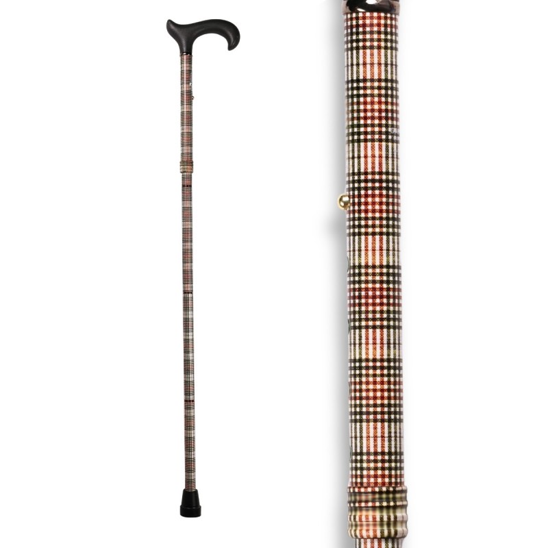 Canne de style vintage et sérieux, avec un motif tartan aux couleurs orange et vert olive.