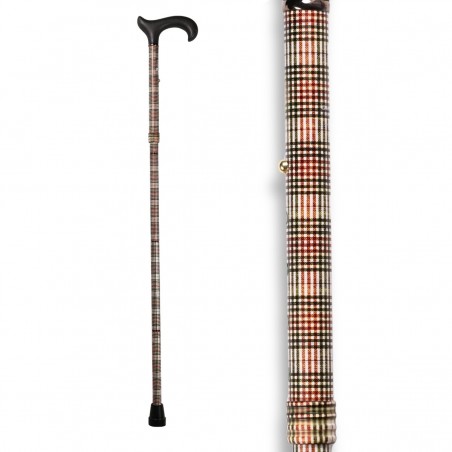 Canne de style vintage et sérieux, avec un motif tartan aux couleurs orange et vert olive.