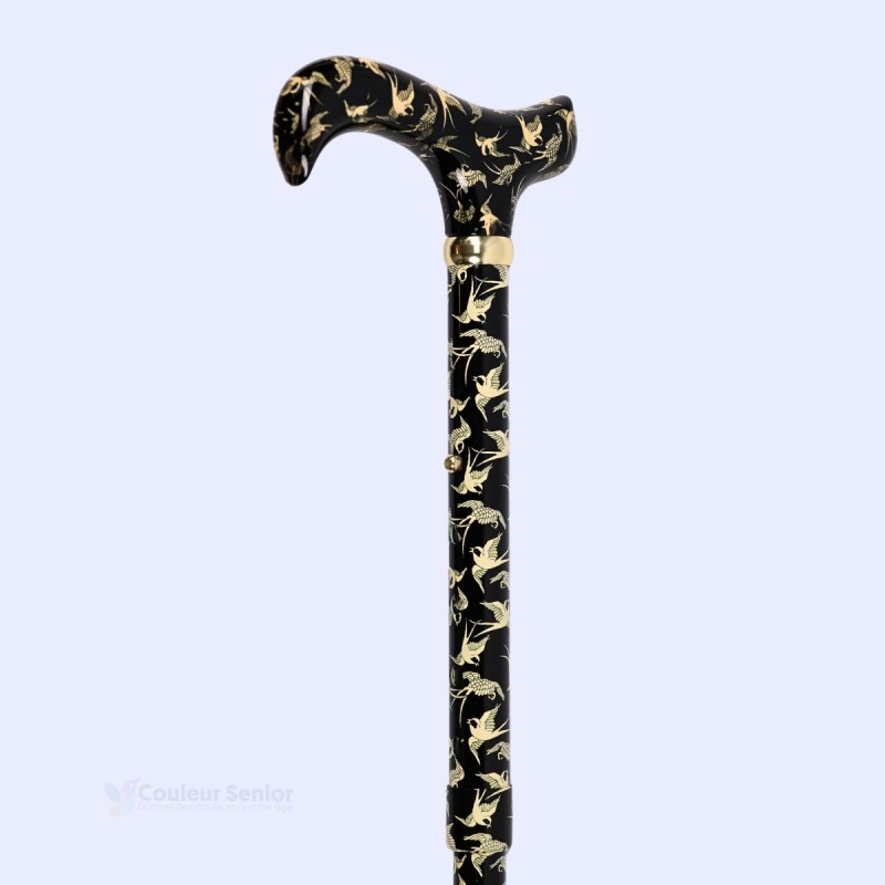 Poignée Derby de la canne de marche pour femme élégante, noire avec des hirondelles. Cadeau original.