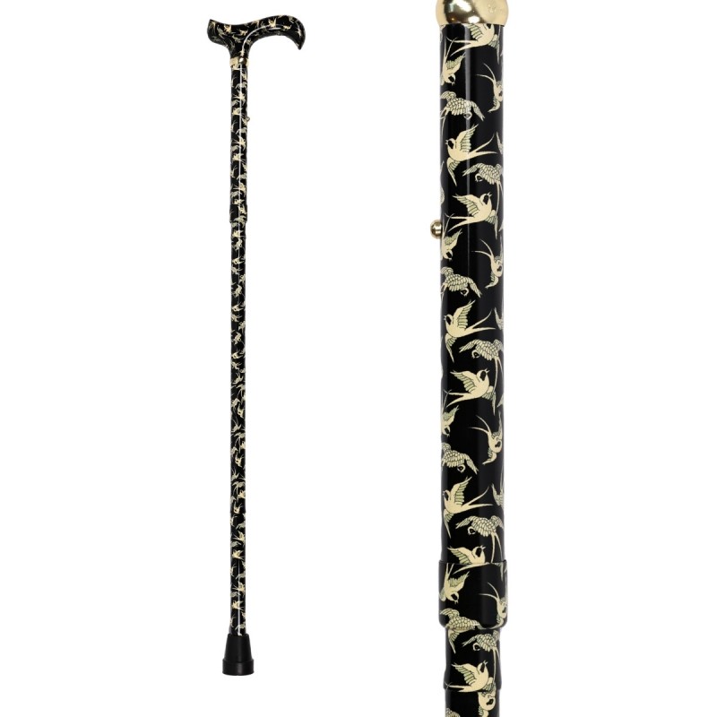 Canne de marche réglable, motif d'hirondelles sur fond noir classique. Élégante canne pour femme, cadeau original.