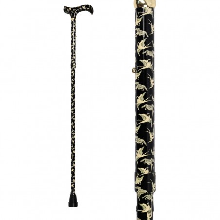 Canne de marche réglable, motif d'hirondelles sur fond noir classique. Élégante canne pour femme, cadeau original.