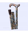 Canne de marche pliante pour femme au motif floral vert, repliée en quatre sections compactes, vue du côté gauche.