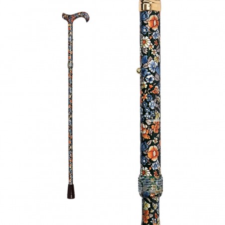 Canne de marche pour femme, vue d'ensemble, au design floral coloré sur fond vert élégant, prête à l'emploi.