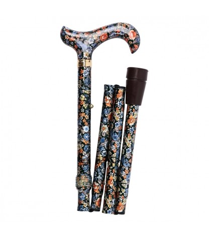 Canne de marche pliable CouleurSenior décorée de fleurs, vue du côté gauche, montrant sa compacité pour le rangement.