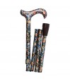 Canne de marche pliable CouleurSenior décorée de fleurs, vue du côté gauche, montrant sa compacité pour le rangement.