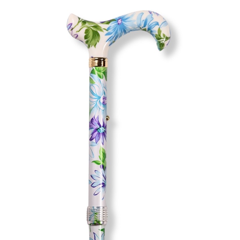 Canne à motif floral dans des teintes de bleu et de vert.