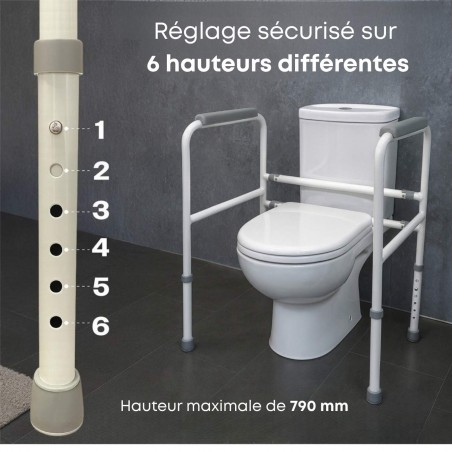 Cadre de toilette Ashford réglable en hauteur avec 6 niveaux sécurisés, aide PMR pour salle de bain.