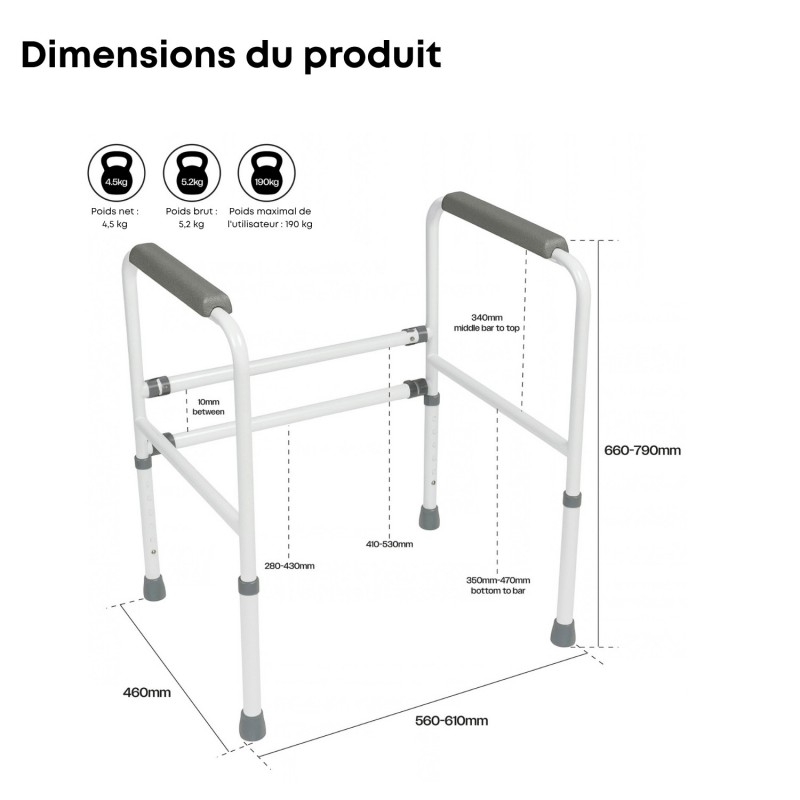 Dimensions techniques du cadre de toilette Ashford VR205, supportant un poids utilisateur maximum de 190 kg.