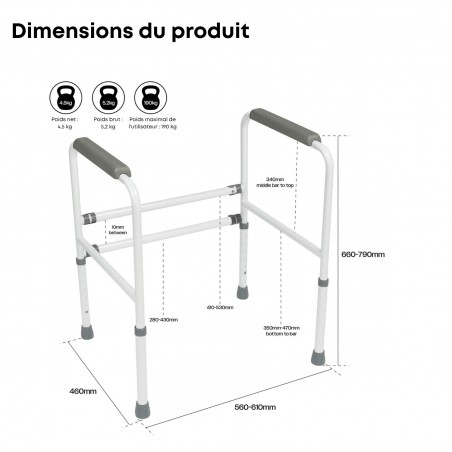 Dimensions techniques du cadre de toilette Ashford VR205, supportant un poids utilisateur maximum de 190 kg.