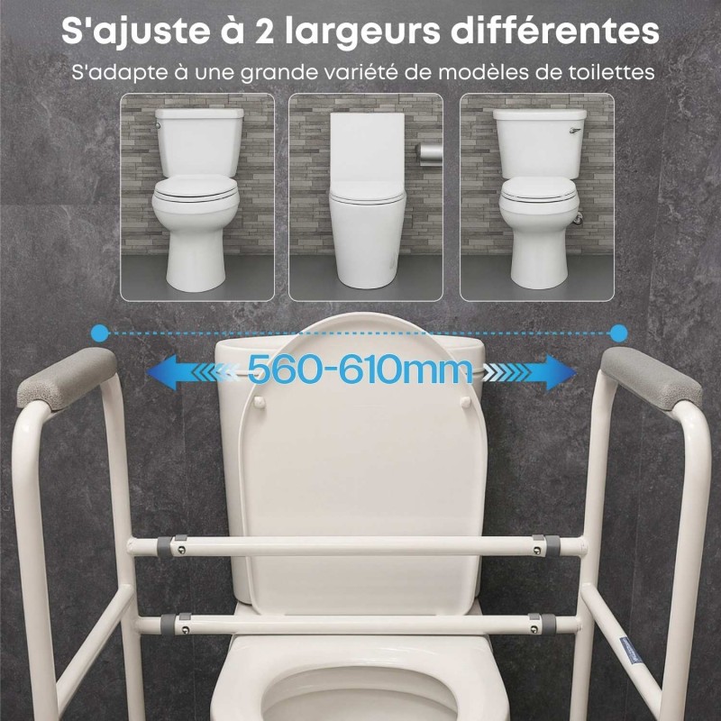 Cadre d'appui pour WC Ashford à largeur réglable, adaptable à différents modèles de toilettes pour seniors.