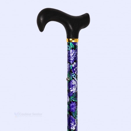 Vue latérale de la canne de marche femme Éclat Violet. Son design floral apporte de la confiance aux nouveaux utilisateurs.
