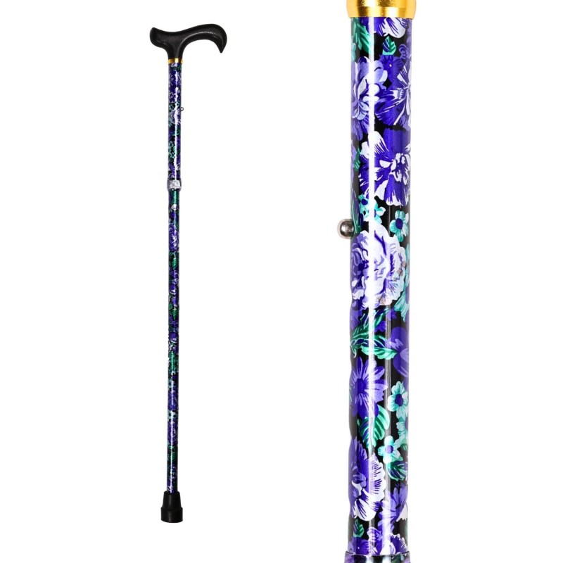 Gros plan sur le motif floral de la canne colorée Éclat Violet. Une canne de marche essentielle, féminine.