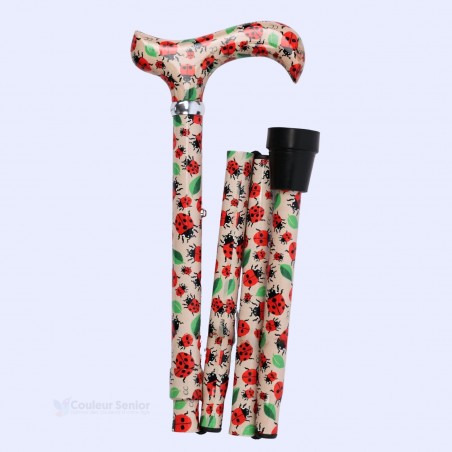 Canne de marche pliante originale pour femme, motif coccinelles nature. Pliage compact et léger.