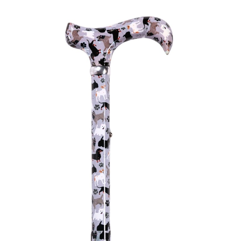 Poignée Derby ergonomique imprimée de petits chiens, sur une canne pliante pour amoureux des animaux.