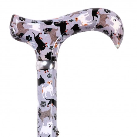 Système de réglage en hauteur de 82 à 92 cm, par crans de 2,5 cm, sur la canne motif chiens.