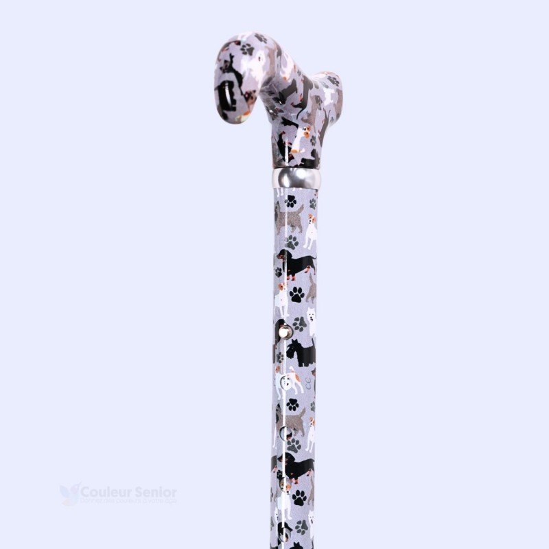 Canne de marche originale motif chiens, idée cadeau pour une mère ou une grand-mère qui aime les chiens.