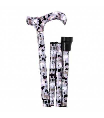 Canne de marche pliante Fidèle Compagnon, motif chiens et empreintes de pattes sur fond gris clair.