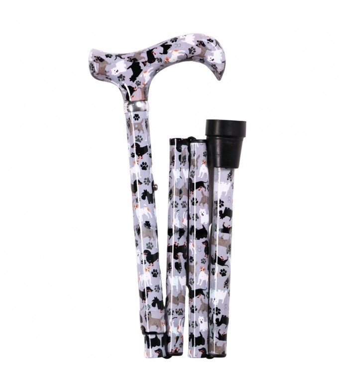 Canne de marche pliante Fidèle Compagnon, motif chiens et empreintes de pattes sur fond gris clair.
