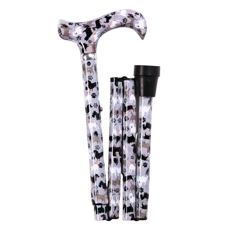 Canne de marche pliante Fidèle Compagnon, motif chiens et empreintes de pattes sur fond gris clair.