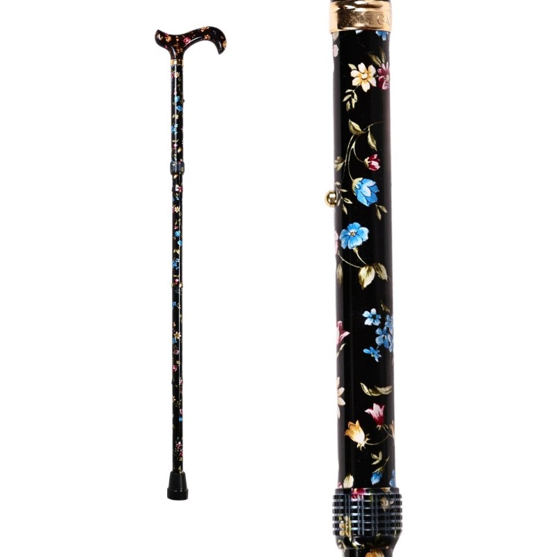 Canne pliante noire pour femme, motif Millefleurs, élégante et douce aide à la mobilité.