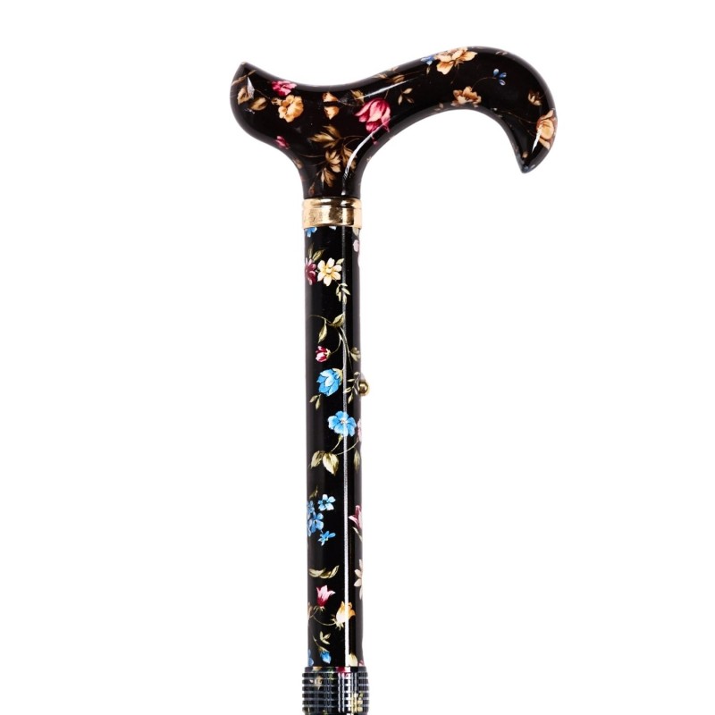 Détail supérieur de la canne Millefleurs noire sur fond sombre, pour la prévention des chutes.