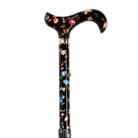 Détail supérieur de la canne Millefleurs noire sur fond sombre, pour la prévention des chutes.