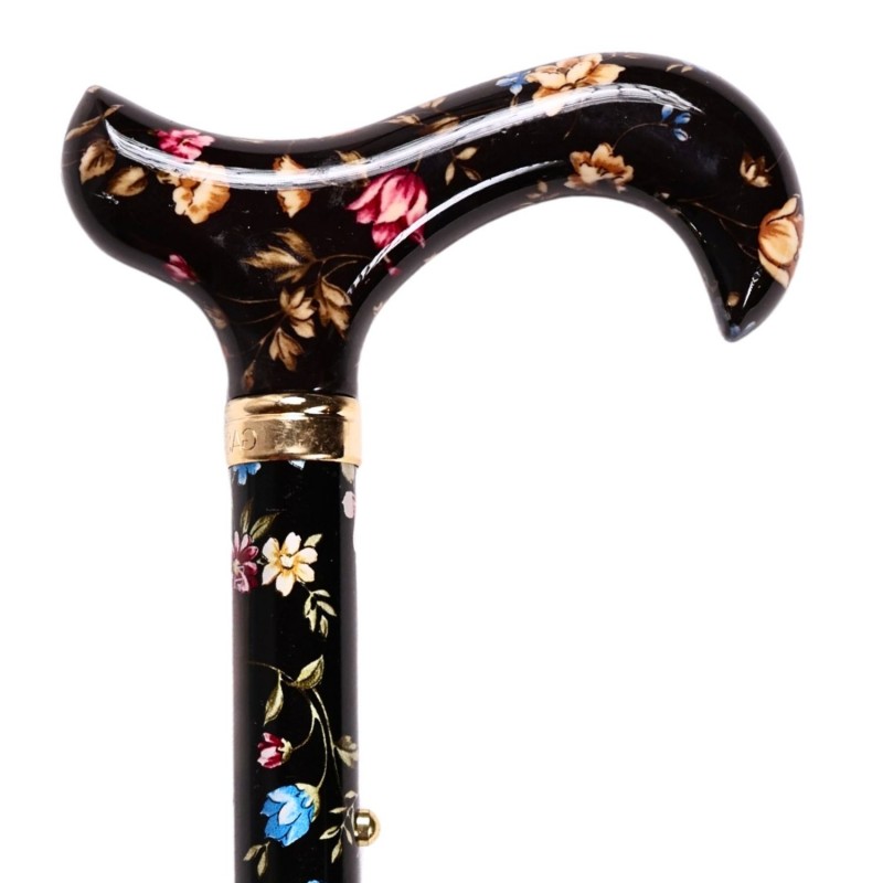 Poignée Derby noire à fleurs de la canne Gastrock, belle idée cadeau pour les femmes.