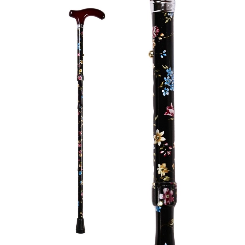 Mini canne pliante noire motif floral Cottage, excellente aide à la mobilité femme.