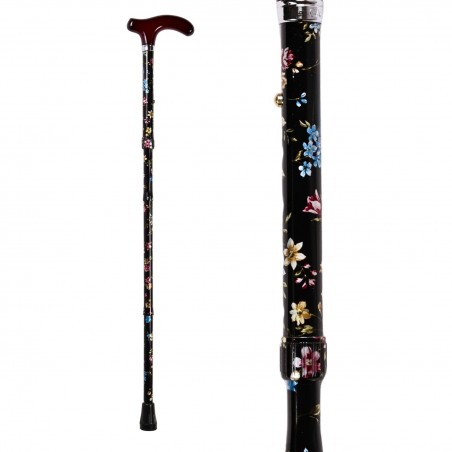 Mini canne pliante noire motif floral Cottage, excellente aide à la mobilité femme.