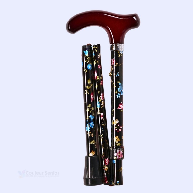 Mini canne de marche fleurie Cottage pour femme, pliante à gauche, motif floral, à offrir en cadeau.