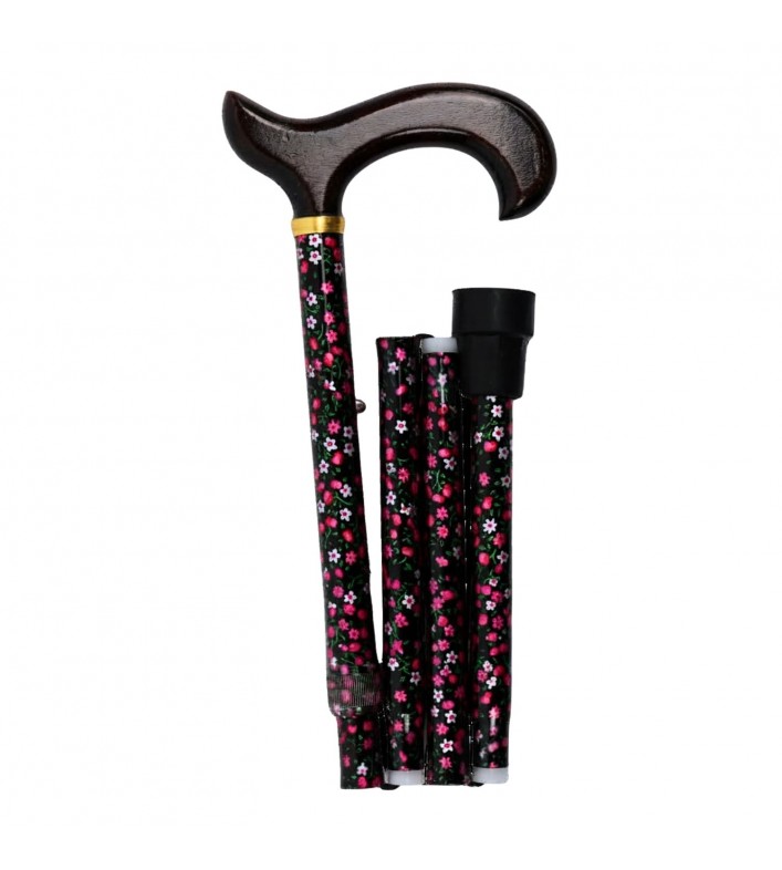 Canne de marche pliante en aluminium Nuit Fleurie, avec poignée en bois. Un beau cadeau original pour une femme.