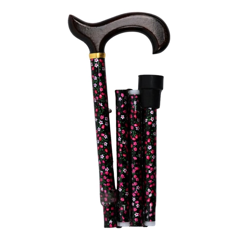 Canne de marche pliante en aluminium Nuit Fleurie, avec poignée en bois. Un beau cadeau original pour une femme.