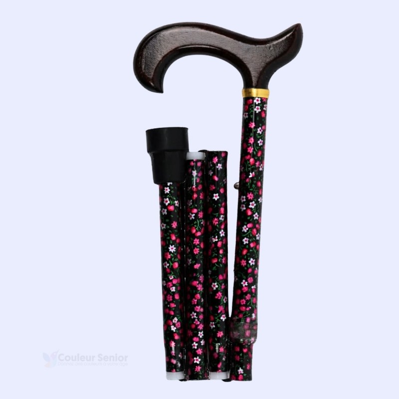Canne de marche florale pliante à gauche, réglable en hauteur.  Produit à offrir à votre grand-mère.