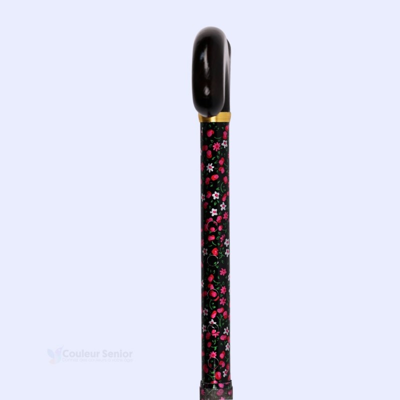 Système de réglage  à 90 degrés de la canne de marche Nuit Fleurie, réglable et pliable, parfaite pour les seniors actifs.