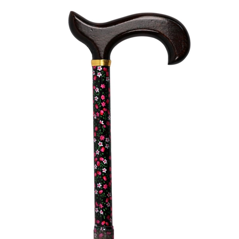 Poignée Derby en bois foncé de face, canne de marche à fleurs. Qualité et confort pour seniors.