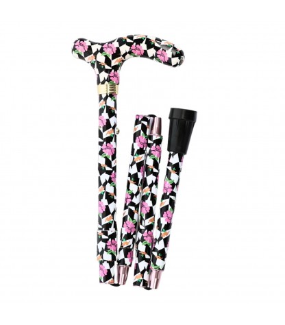 Canne de marche pliable pour femme, originale et légère, modèle Broadway, fleurs fuchsia. Cadeau élégant.