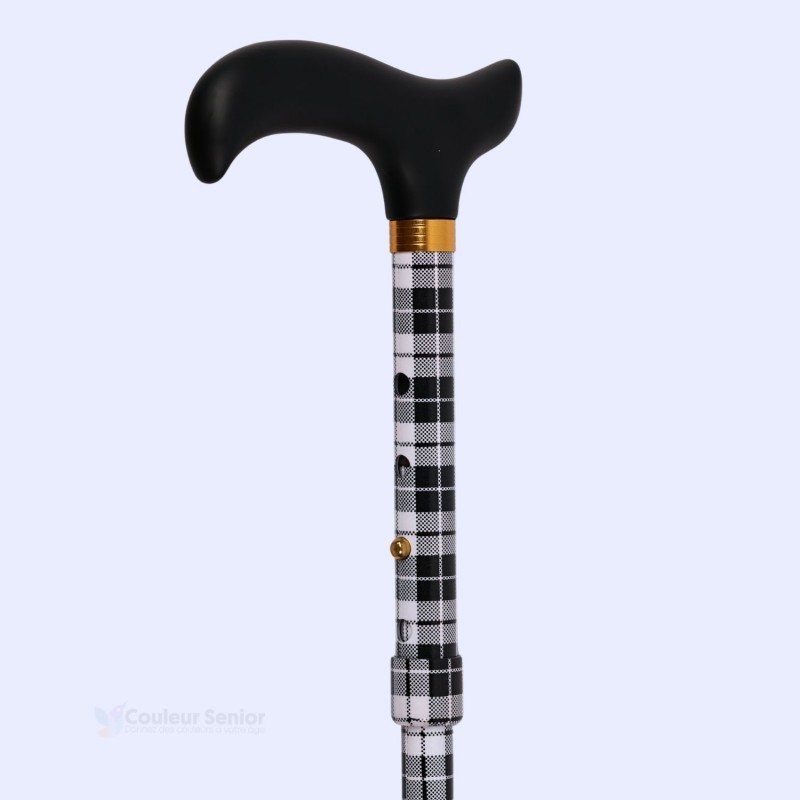 Canne de marche Dominos à motif de tartan écossais noir et blanc, pour homme ou femme, élégante et sobre.