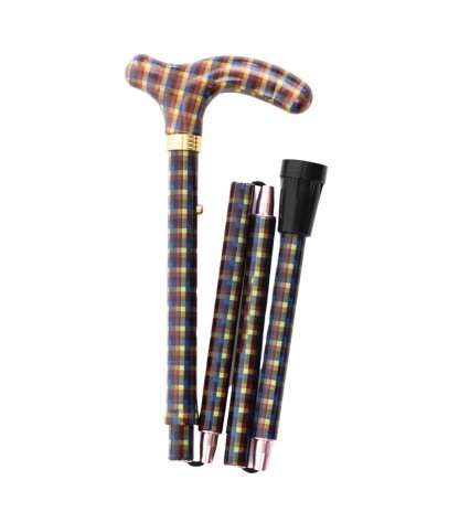 Canne de marche pliante réglable Highland, carreaux verts et marron, de qualité, pour hommes et femmes.