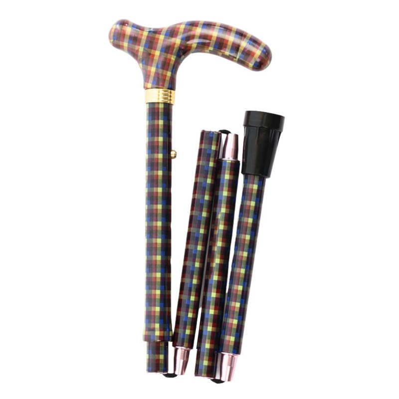 Canne de marche pliante réglable Highland, carreaux verts et marron, de qualité, pour hommes et femmes.