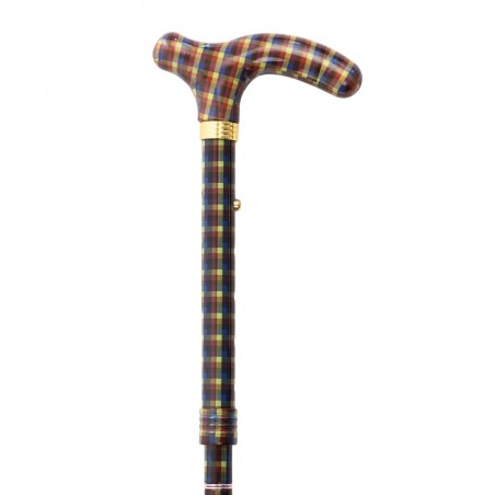 Haut de la canne de marche Highland à motifs de carreaux verts. Poignée en T sobre pour homme.