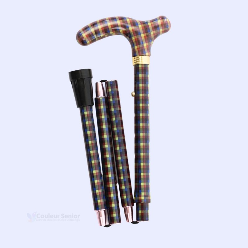 Canne de marche Highland pour homme, sobre, pliée, vue de face. Design pratique et réglable.
