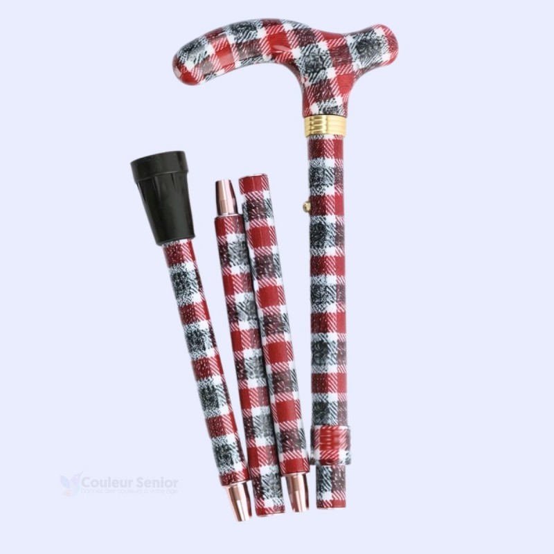 Canne de marche Esprit Écosse pliée à gauche, couleur rouge et gris, originale, cadeau.