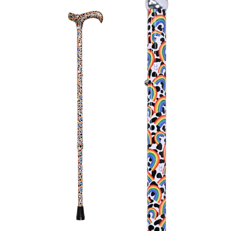 Canne de marche fantaisie réglable, modèle Joie de Vivre arcs-en-ciel. Option à offrir en cadeau à vos amies seniors.