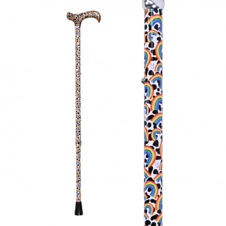 Canne de marche fantaisie réglable, modèle Joie de Vivre arcs-en-ciel. Option à offrir en cadeau à vos amies seniors.