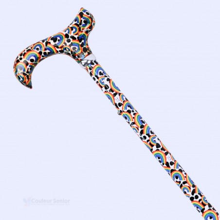Poignée Derby ergonomique et corps Joie de Vivre arcs-en-ciel pour cette canne de marche originale.